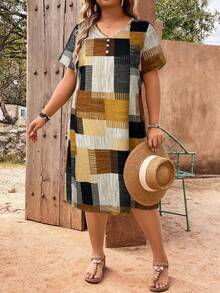 EMERY ROSE Plus Size Plaid Patchwork Print V-Neck Button Decor Dress - Multicolor - View 5