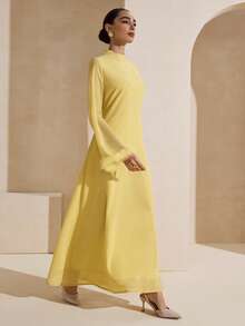 Graceveil Reed Yellow Chiffon Patchwork Fur Trim Stand Collar Long Sleeve Elegant Party Dress - Yellow - View 6