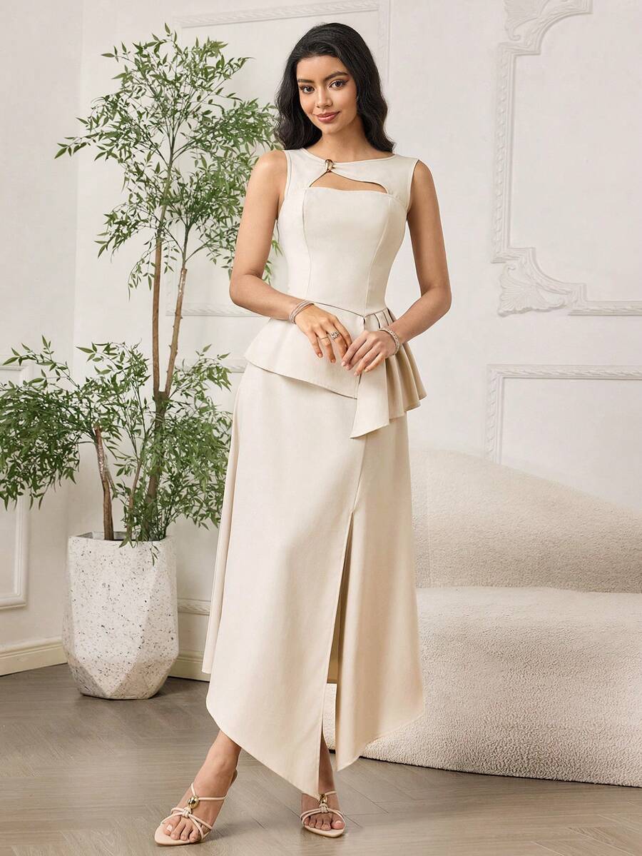 Modelyn Women's Elegant Ruffle Trim Sleeveless Top And Slit Hem Midi Skirt 2 Pieces Set, Suitable For Dates And Parties