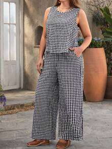 Rusticease 大码女式休闲度假黑白格子圆领无袖上衣衬衫搭配带口袋阔腿裤两件套，春夏款 - 黑與白 - 查看 5