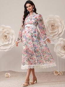 SHEIN Maternity Floral All-Over Print Casual Flare Sleeve Dress - Multicolor - View 4