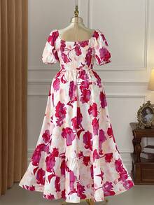 Rometta Đầm nữ cỡ lớn thanh lịch in hoa, cổ vuông, tay phồng, eo thon, kiểu dáng nghỉ mát. - Nhiều màu - Xem 2