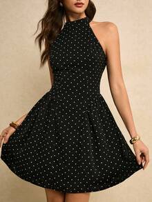 Poéselle Women's Retro Polka Dot Halter Mini Dress – Sleeveless High-Neck Fit-&-Flare Skater Style For Summer Parties & Date Nights Polka Dot Dress, Halter Neck Dress, Fit And Flare Dress, Little Black Dress, Summer Party Outfit, Retro Style Fashion Polka Dot Print Casual Sleeveless Dress Summer Dress Valentines Day Dress Beach Dress Elegant Party Dress  Wedding Guest Dress For Women Black Dress