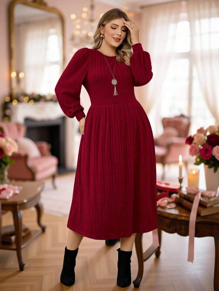 Plus Solid Lantern Red z rękawami i ściągaczem, zimowa sukienka z dzianiny prążkowanej