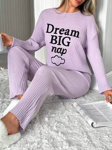 Loomlin Dream Big Nap – Soft Ribbed Knit Lounge Pajama Set For Women, Long Sleeve Relaxed Fit Sleepwear With Cloud Graphic Print, Cozy & Chic Nightwear Co-Ord - Lilac Purple - View 4