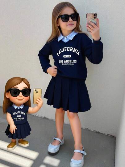 Elladie kids 两件套少女美式学院风运动风数字印花卫衣和裙子套装，适合运动和休闲穿着，春季、秋季、初冬皆宜。