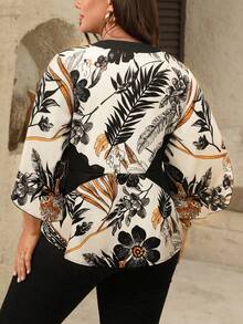 SHEIN Tall CURVE Casual Plus Size Multicolor Random Print Blouse With V Neck Half Flounce Sleeves And Contrast Binding Long Top For Women - Multicolor - View 2