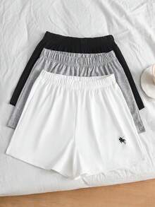 3 pièces Short décontracté pour adolescente avec taille à cordon de serrage, décoration de logo brodé en couleur contrastée, polyvalent et adapté pour l'été, les activités de plein air et la fitness. Coupe ample. - Multicolore - Voir 11