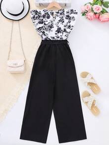 Tween Girl Floral Print Ruffle Trim Shirt And Self-Tie Waist Black Pants Set - Multicolor - View 2