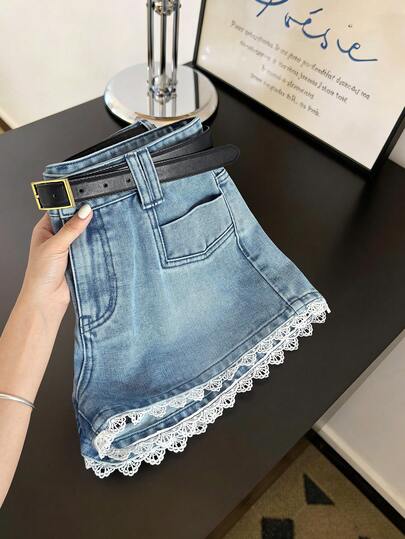 GlowEve 女士休闲水洗蕾丝边牛仔短裤