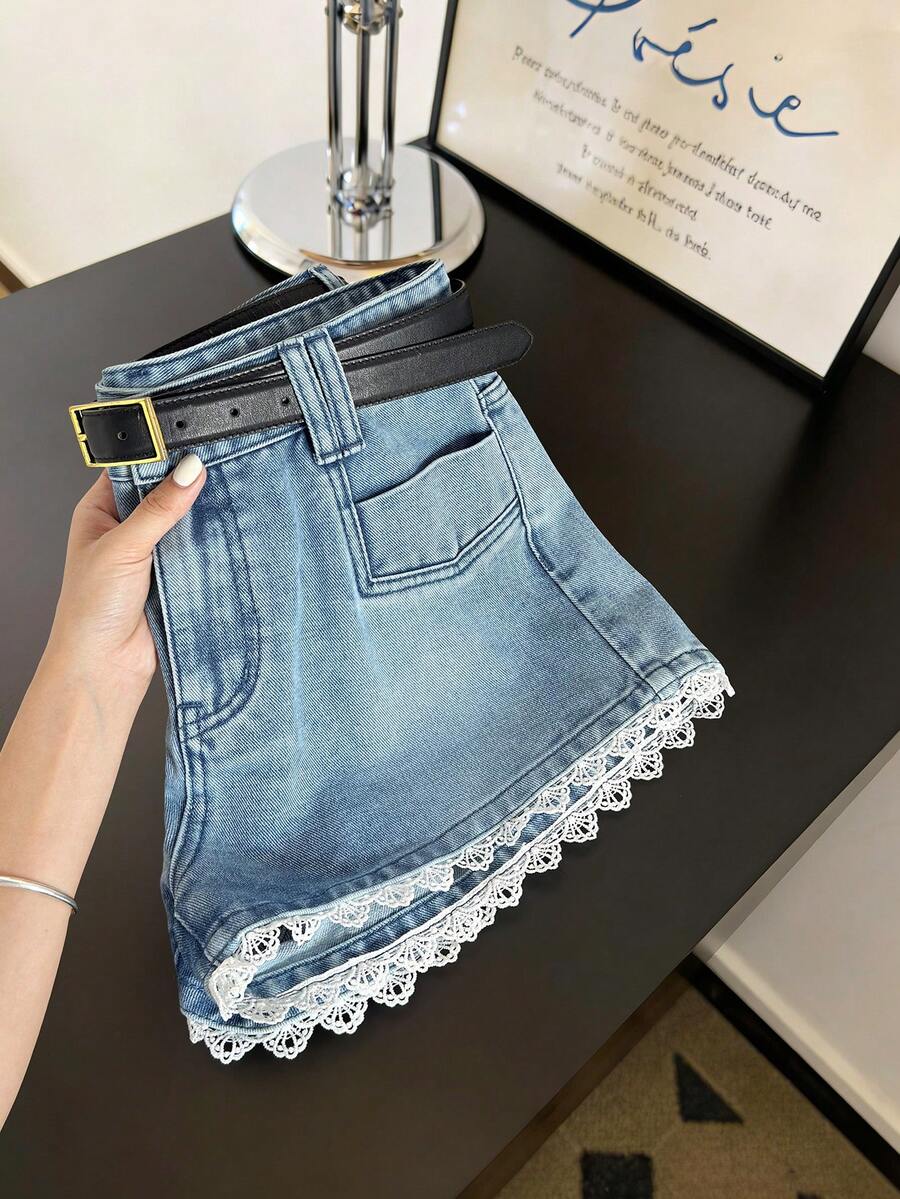 GlowEve 女士休闲水洗蕾丝边牛仔短裤