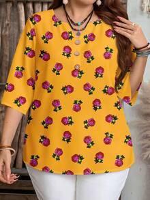 EMERY ROSE 大码女式碎花V领休闲衬衫，适合春夏外出穿着 - 彩色 - 查看 3