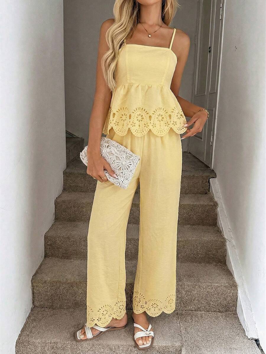 SHEIN LUNE 女士休闲扎染印花无袖上衣和裤子两件套，适合夏季度假、通勤和日常穿着 - 鵝黃色 - 查看 1