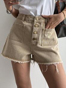 Livesso Women's Casual Frayed Hem Denim Shorts, Summer - Khaki - View 6