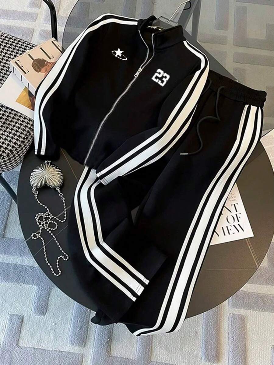 Franclia 2pcs Women Set: Fitted Collar Cardigan Jacket + Casual Slant Pocket Pants - Black - View 1