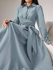 Heiryn 女士纯色长袖腰部扭结系带衬衫裙 - 薄荷藍 - 查看 3