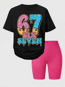 SHEIN ChillGRL Bộ 2 món thời trang đường phố dành cho nữ tuổi teen, gồm áo thun ngắn tay in họa tiết và quần short ôm sát in họa tiết, trang phục thường ngày. - Nhiều màu - Xem 3