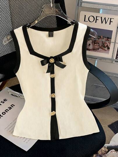 GlowEve Top de camisola elegante y vintage con cuello cuadrado, sin mangas, de tela de punto con contraste de color, con lazo y botón metálico, adecuado para el Día de San Valentín, citas, uso diario, primavera/verano