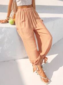 Vivid Eden Women's Casual Elastic Waist Drawstring Harem Pants With Textured Fabric, Suitable For Spring/Summer Outings And Vacations - Apricot - View 6