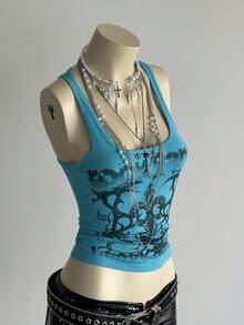 SHEIN DivaQ 女式街头亚文化字母朋克印花背心 - 藍色 - 查看 1