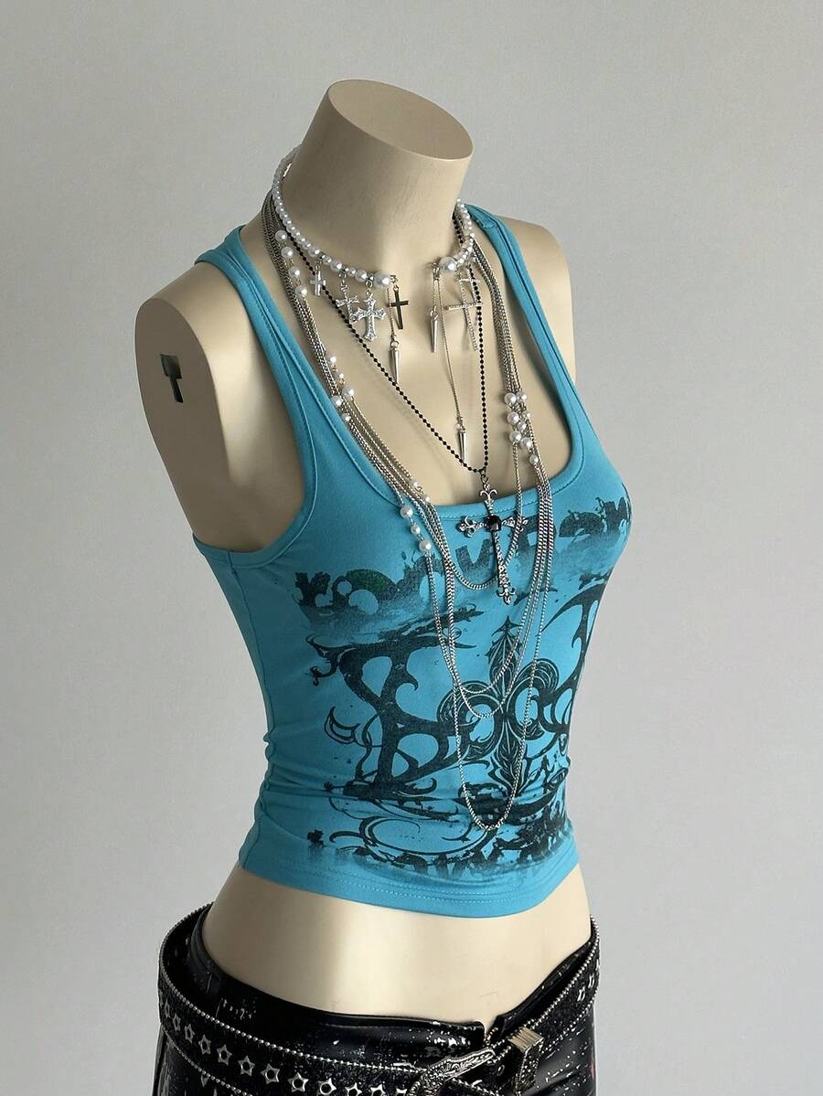 SHEIN DivaQ 女式街头亚文化字母朋克印花背心 - 藍色 - 查看 1