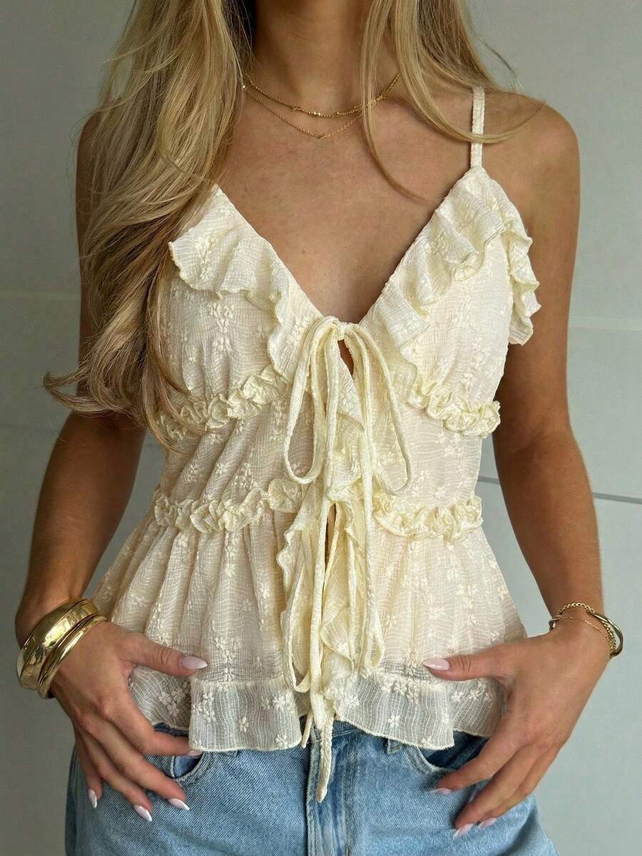 CovetEZ 女士提花荷叶边系带休闲百搭约会派对吊带背心 - 杏色 - 查看 1