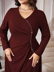 Modelyn Plus Size Coffee Long Sleeve Beaded Pleated Waist A-Line Elegant Dress - Burgundy - View 7