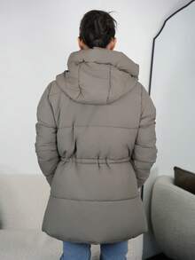 SAYEHFBABY Fashionable Casual Adjustable Waist Quilted Mid-Length Hooded Padded Padded Coat Clothes Winter For Women  - Grey - View 2