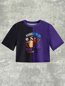 Y2Kool Maria Clara Maia Damen Neujahrseditionen Schwarz & Lila Valentinstag Engel Amor Buchstaben Muster Rundhals Colorblocking Kurzarm Crop Top Lässig T-Shirt Y2K Karneval - Violett - Übersicht 1