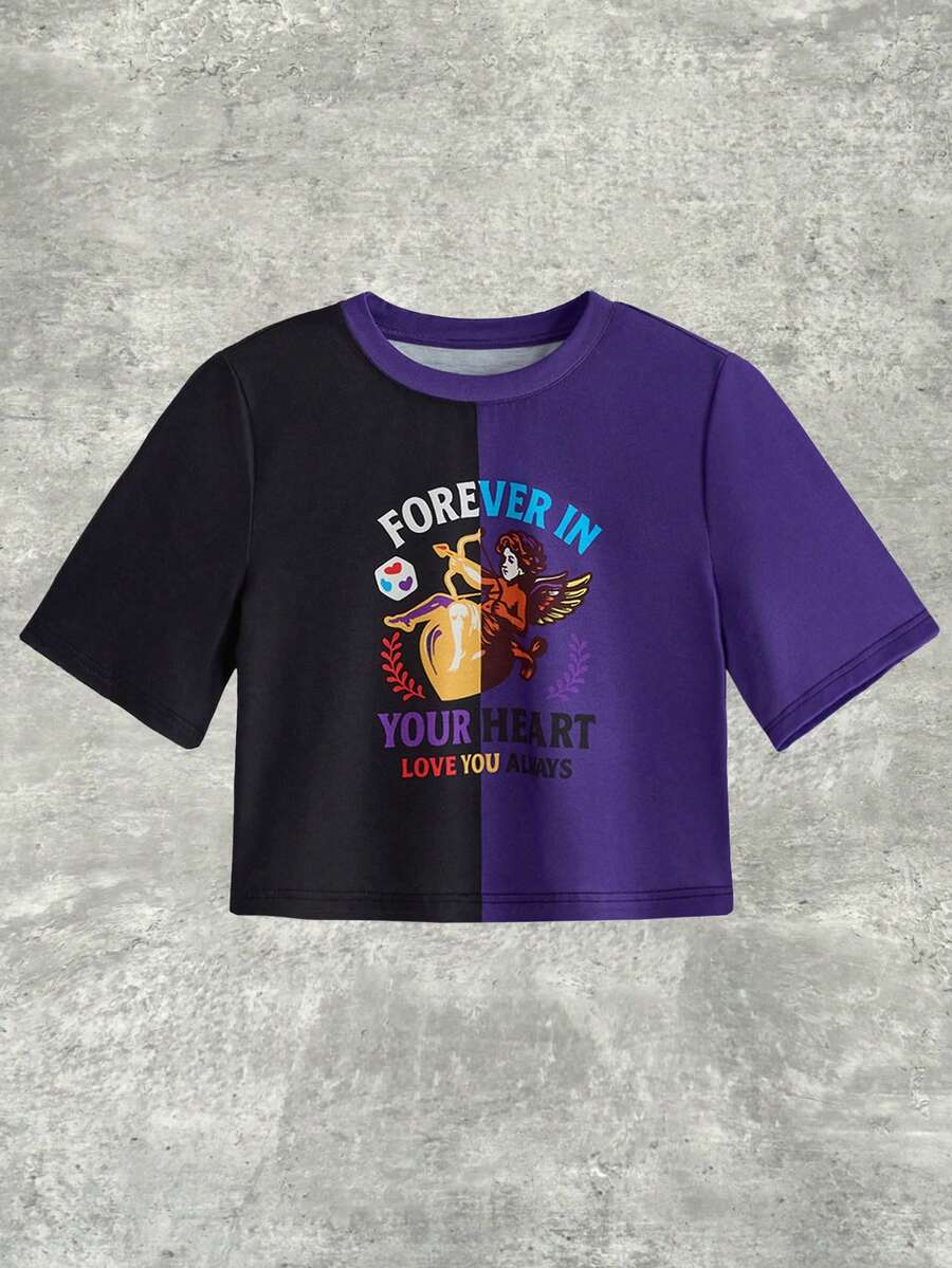 Y2Kool Maria Clara Maia Damen Neujahrseditionen Schwarz & Lila Valentinstag Engel Amor Buchstaben Muster Rundhals Colorblocking Kurzarm Crop Top Lässig T-Shirt Y2K Karneval - Violett - Übersicht 1