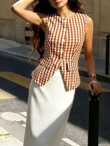 Pariaura 女士格子圆领单排扣不对称下摆时尚百搭通勤衬衫 - 彩色 - 查看 3