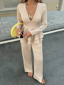 Livesso 女士缎面荷叶边上衣和休闲裤套装，两件套家居服套装 - 杏色 - 查看 4