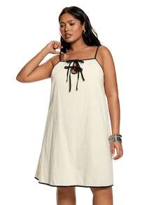 Solavibe Plus Size Tie Front Contrast Trim Textured Fabric Casual Vacation Slip Dress - Apricot - View 4
