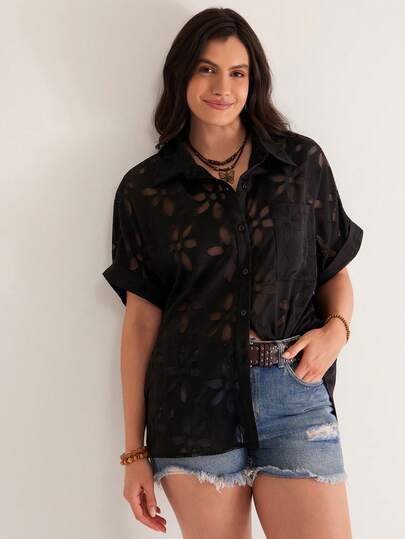 SHEIN VCAY Plus Size Black V-Neck Chiffon Blouse With 3D Floral Hollow-Out Short Sleeves, Loose Fit Flattering Commuter Versatile Women Shirt