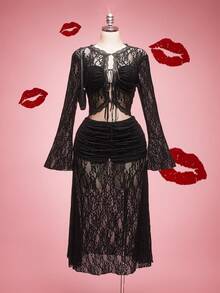 SHEIN ICON 大码女式系带喇叭袖上衣和百褶迷你裙性感两件套 - 黑色 - 查看 10