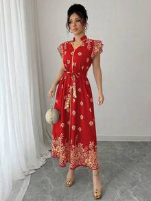 Elenzga 女士碎花V领短袖连衣裙 - 彩色 - 查看 5