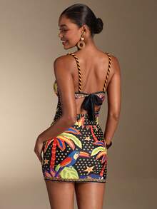 Swim Oasis 1 pieza Mono de playa con estampado de plantas tropicales y falda de cobertura, adecuado para Navidad, Año Nuevo, salidas de vacaciones - Negro - Ver 3