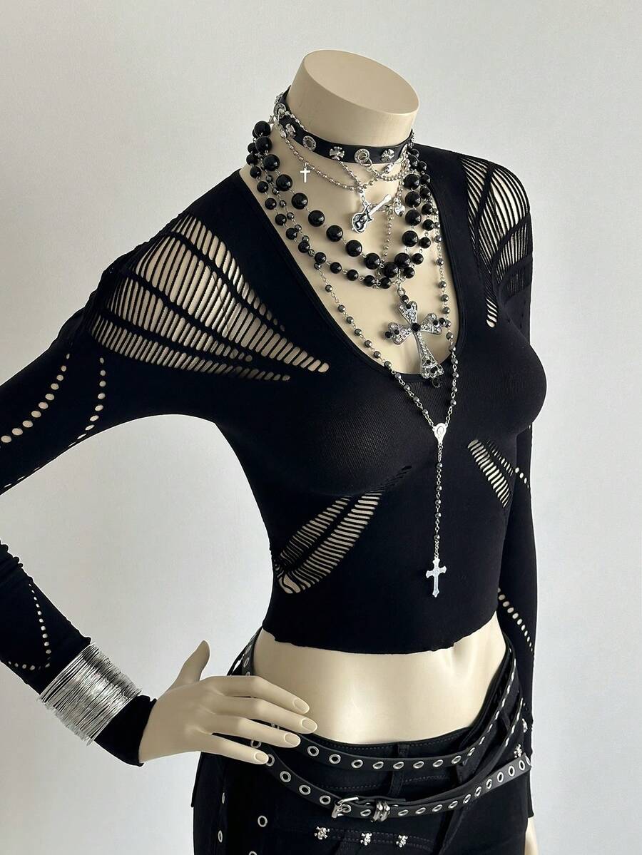 EgrlEra Women's Sexy Black V-Neck Hollow Out Long Sleeve Top - Black - View 1