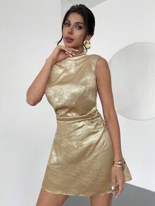 Firerie Women's Elegant Minimalist Delicate Romantic Sweet Daily Commute Wedding Party Music Festival Vacation Pleated A-Line Mini Dress, Red Camisole,Women's Glamorous Gold High Neck Sleeveless Mini Dress  Mini Dress For Women With High Neck Clubwear Or Event Attire,Perfect For Parties And Special Occasions Elegant Sleeveless Golden - Champagne - View 4