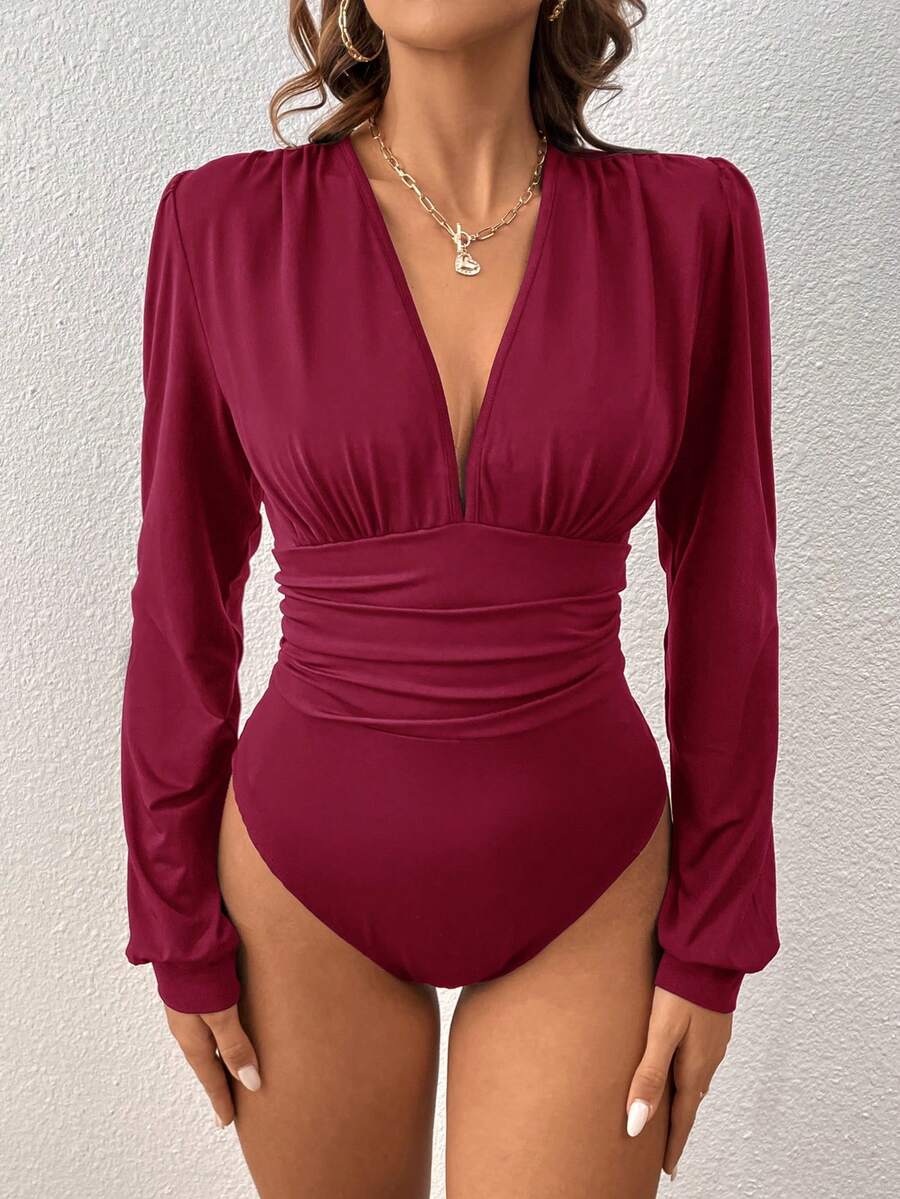 SHEIN Tall 女士纯色深V领长袖褶皱连体衣 - 紅木色 - 查看 1