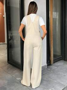 EURMUSE Women's Solid Color Minimalist Everyday Denim Overalls Jumpsuit - Beige - View 3