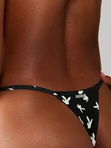 Missguided x Playboy Ribbed Bunny Print Cheeky Coverage Low Rise String Thong Panties Underwear - Black and White - View 5