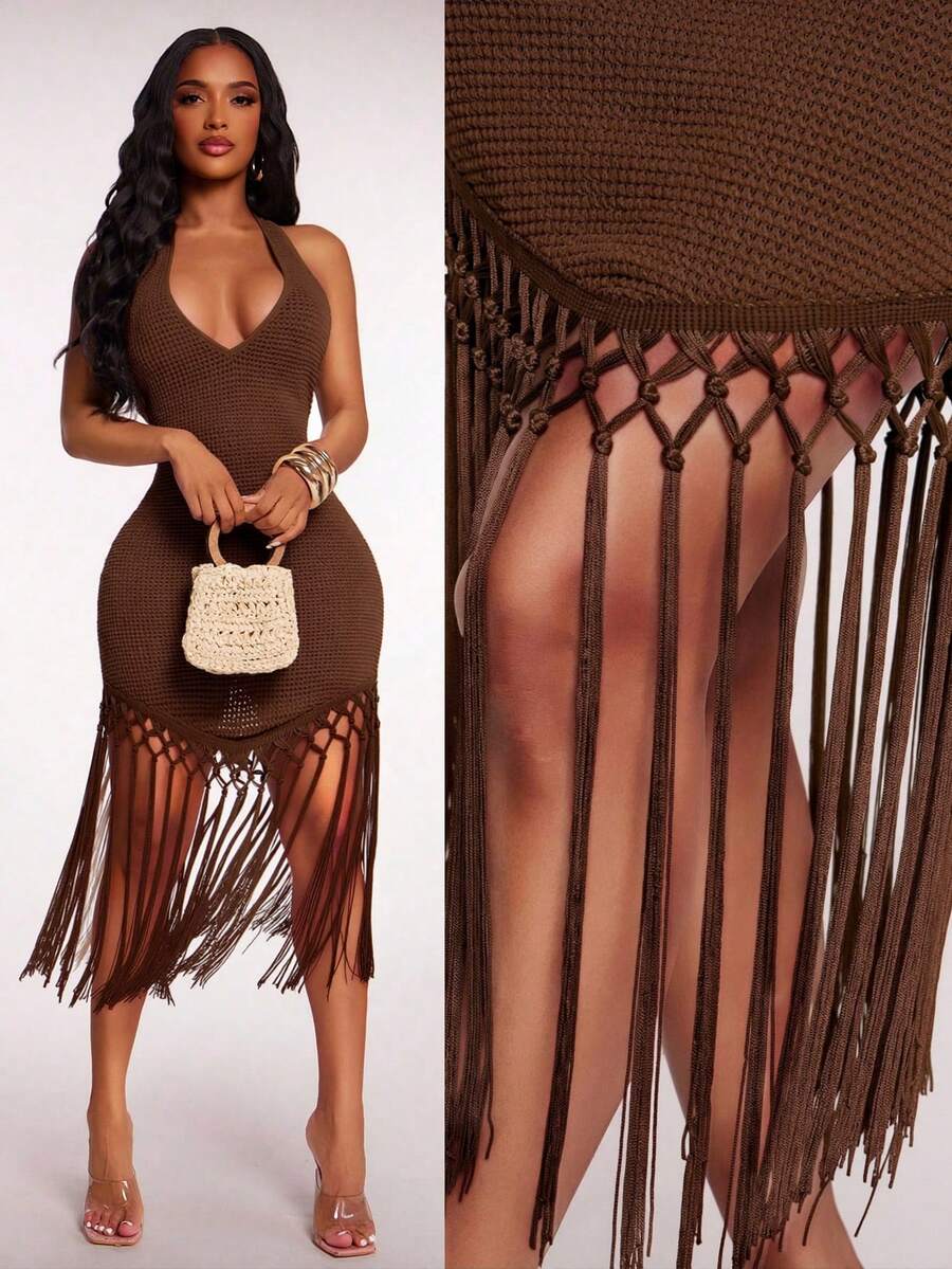 Radiana Women's Summer Boho Brown Crochet Flowy Fringe Hem Dress, Holiday/Beach Vacation Dress - Brown - View 1