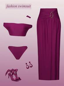 Bonvoyette Swim Oasis 3-Piece Set, Eggplant Purple Cropped Top With Elegant Neckline And Intricate Twisted Arm Details, Draped Coverup, Side Slit Maxi Skirt For A Captivating Silhouette. - Burgundy - View 2