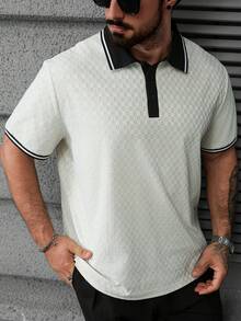 EGENSIO Áo sơ mi tay ngắn cổ polo raglan màu mơ, chất liệu vải dệt họa tiết, kiểu dáng thường ngày. - Màu be - Xem 7