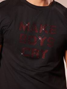 FeverCity Men's Casual Hip-Hop Rhinestone Embellished Short Sleeve T-Shirt - Black - View 5