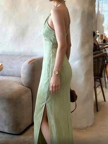 Cévolie 女士性感纯色露背无袖高开衩连衣裙 - 0.霧綠 - 查看 7