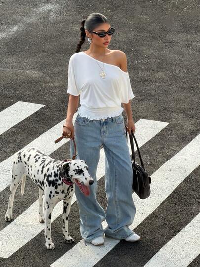 Muchica White Top  Knit Ruffle Edge One Shoulder T-Shirt White One Shoulder Blouse White