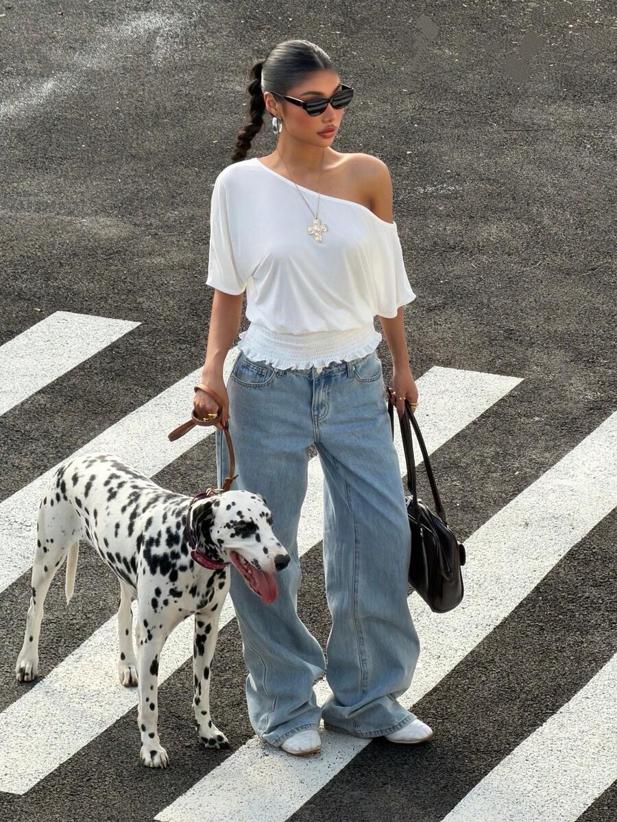 Muchica White Top  Knit Ruffle Edge One Shoulder T-Shirt White One Shoulder Blouse White - White - View 1