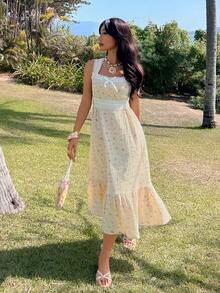 DAZY Camicia da notte lunga da donna con patchwork floreale, bordi a contrasto e cinturino largo in vita - Albicocca - Visualizzare 6